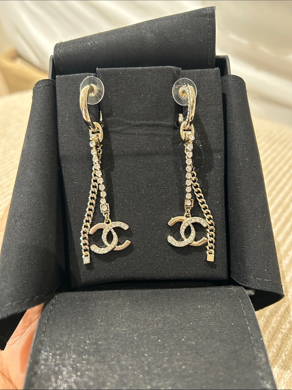 CHANEL Gold and Crystal Double C Drop Earrings